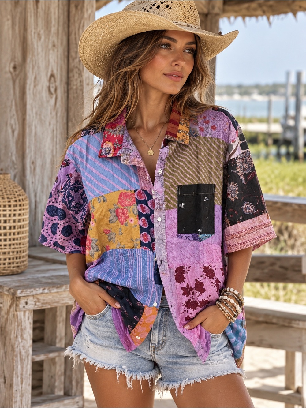 Earthbound L Patchwork Button Down Boho Coastal Cowgirl Western Hippie Blouse